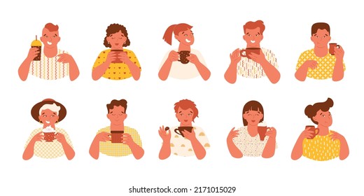 People with drinks. Set of happy young women and men drinking coffee, tea, cocoa. Portraits with positive emotions. Vector illustration, relax, have a break concepts. Isolated characters.