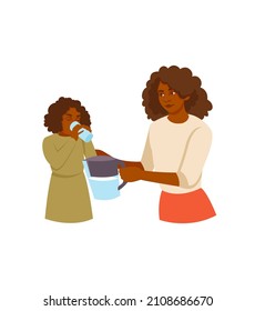People drinks water concept. Mother holds filter in her hands and pours water into glass for her child. Little girl quenches her thirst. Cartoon flat vector illustration isolated on white background