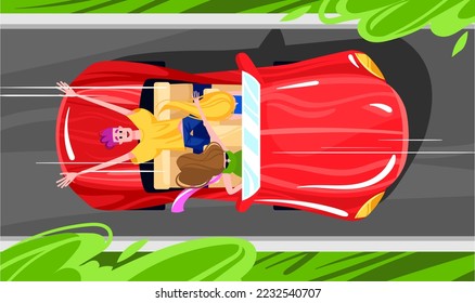 People drive car, driver look up, young entertainment concept, happy girl journey, design, flat style vector illustration.