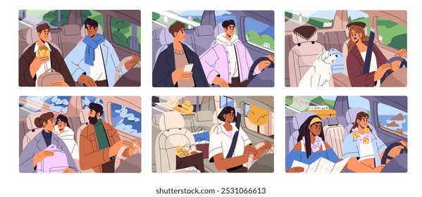 People drive car set. Happy drivers and passengers inside automobile. Couples, friends ride to journey together. Families with kids and pets travel, go for shopping by auto. Flat vector illustrations