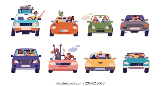 La gente conduce un coche. Personajes sonrientes en el viaje en vehículo. Viaje, carretera y transporte. Pareja y familia con niño, hombre con perro y adulto mayor conduciendo. Vector plano de dibujos animados aislado sobre fondo blanco