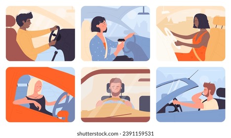 People drive in car set vector illustration. Cartoon scenes inside car with male or female driver alone, side and front view of adult character driving, happy young woman and man enjoy road travel