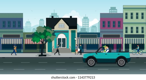 People drive in the city with shops on the street.