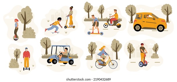 People drive different eco transport on city street and in park. Vector flat illustration of persons riding on bicycle, electric car, scooter, skateboard, monowheel and hoverboard