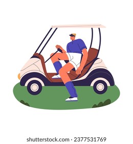 People drive golf cart. Golfer move in electric car, buggy on field after game. Sport player in sportswear, uniform sitting in green transport. Flat isolated vector illustration on white background