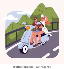 People drive motorcycle on serpentine, mountain curve road. Couple ride on scooter. Man and woman travelling on motorbike. Summer holiday travel, honeymoon concept. Flat isolated vector illustration