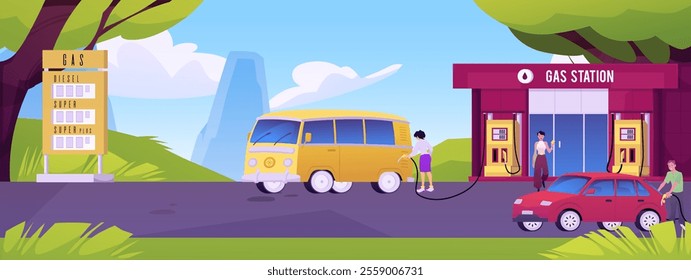 People drivers fueling at gas station on nature landscape vector flat illustration. Cartoon building, price board, fuel tank, car refueling petrol on the road among the trees