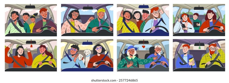 People driving car. Family road trip cartoon characters in automobile, couple driving on date, man woman travel with dog, driver with passenger. Vector car interior set.