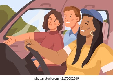 People driving car, friends or family going on vacation or trip. Wanderlust and journey on vehicle, fun weekends of youth or students. Flat cartoon, vector illustration