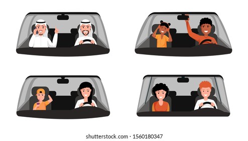 People driving car illustrations set. Arabic man wearing traditional clothing sitting at front seat of automobile. Married couple, mother and son, afro american father with daughter