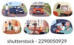 People at driving car school. Student study rules of road, practical and theoretical education, distance lessons, drivers in car in city and parking, cartoon flat illustration, tidy vector set