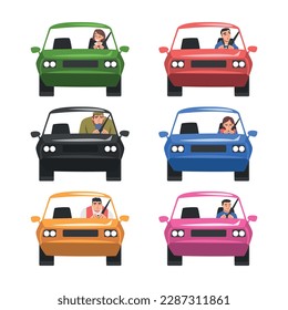 People Driving Car Sitting in Front Seat with Safety Belt Vector Set