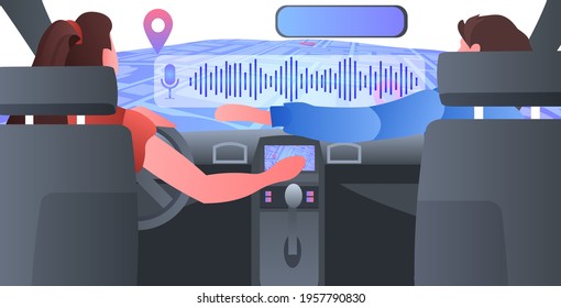 People Driving Car And Using Voice Recognition System With Sound Wave Audio Chat Application Concept