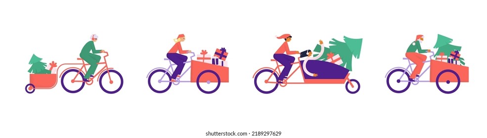 Leute, die am Weihnachtsfest Lasträder fahren. Männer und Frauen auf dem Fahrrad tragen verschiedene Urlaubsfracht, Geschenke, Weihnachtsbaum. Feiertagsstimmung. Flache Vektorgrafik