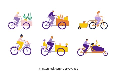 La gente que conduce bicicletas de carga. Hombres y mujeres en bicicleta transportan diferentes cargas, mercancías, niños, cosas. Ilustración vectorial plana