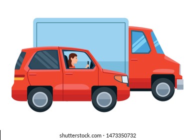 People driving cargo truck and suv in the traffic vector illustration graphic design.