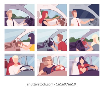 People Driving Cars Collection, Female and Male Drivers Characters Sitting Inside Vehicles Vector Illustration