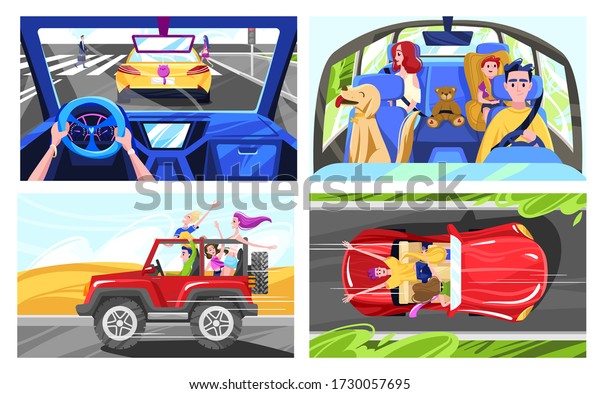 People driving cars, happy family road trip,\
friends having fun together, vector illustration. Set of cartoon\
characters, car driver from different perspectives. Person drives\
vehicle transport\
street