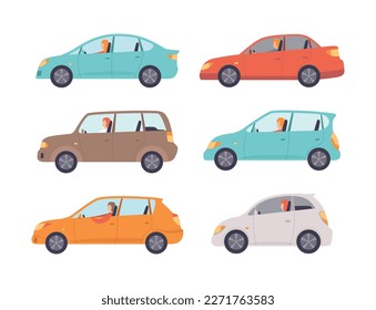 People driving cars set. Side view of driver's sitting in sedan car flat vector illustration