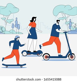 People driving different ecological transport Spend active leisure in park Physical activity sport training healthy life Eco transportation City building silhouette on background Vector illustration