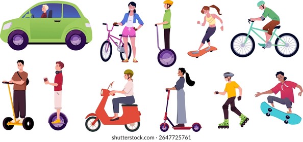 People driving ecological transport vector flat illustrations set. Cartoon electric scooter, moped and car, gyroscooter, bicycle, skate, rollers. ECO lifestyle. Environmental protection technology