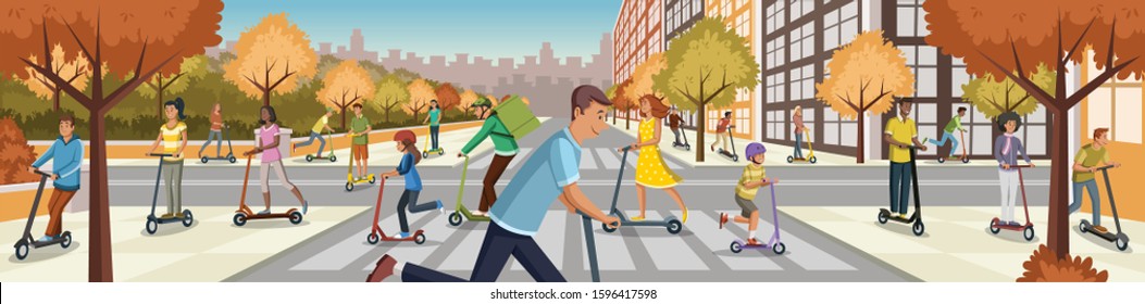 People driving electric scooters through the city. Cartoon people riding modern scooters.