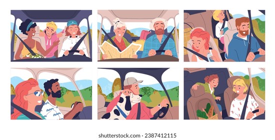 People driving inside car. Family or friends driver and passengers sitting in cars interiors, travel roadtrip concept woman at windshield automobile classy vector illustration of drive family inside