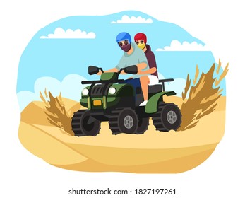 People driving motorbike, extreme sport adventure. Man and woman sitting in motorcycle in summer. Outdoor risky recreation vector illustration. Lifestyle in nature and on vacation.