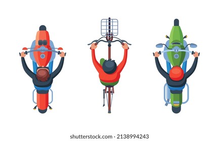 People Driving Motorbike and Riding Bicycle Holding Handlebar Above View Vector Set