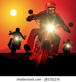 People driving motorcycles on sunset. Summer road trip. Vector illustration