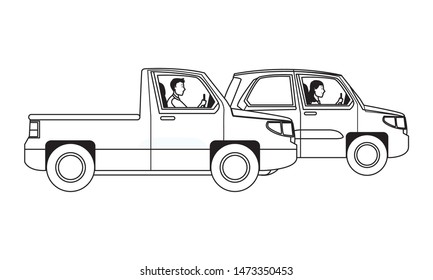 People driving pick up and car vehicles in the traffic vector illustration graphic design.