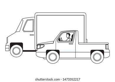 People driving pick up and cargo truck in the traffic vector illustration graphic design.