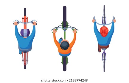 People Driving Riding Bicycle Holding Handlebar Above View Vector Set