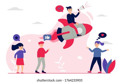 people are driving rocket by holding megaphones - vector digital marketing in flat style - illustration for landing pages