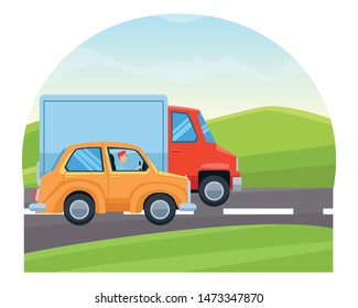 People driving taxi and cargo truck in the traffic on highway with landscape scenery ,vector illustration graphic design.