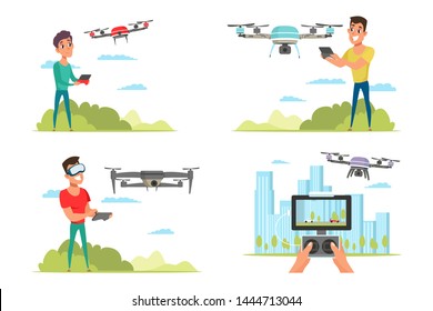 People with drone quadcopter flat vector illustrations set. Remote unmanned aerial vehicle with camera. Drone pilots, operators with remote controllers cartoon characters. Futuristic UAV, quadrotor