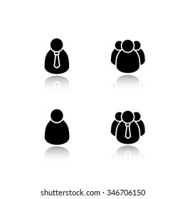 People drop shadow icons set. White collar businessman userpic, cowork and friendship, personal and group users avatars, boss, office manager and employee. Vector cast shadow logo concepts