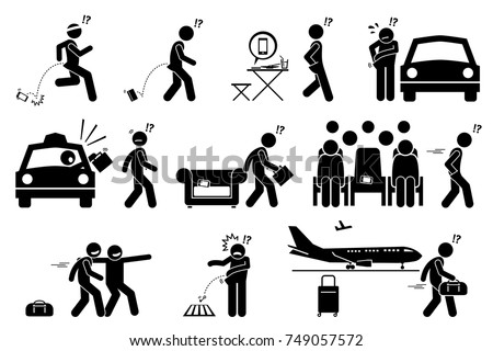 People dropping, forgetting, misplaced and losing their phone and belongings. Stick figure pictogram icons illustrate careless man lose his phone, bag, wallet, luggage and key.