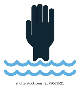 People Drowning for Help Icon Vector, A minimalist design showing a hand reaching out of water, symbolizing help, rescue emergency or crisis. Ideal for safety, support and awareness projects.