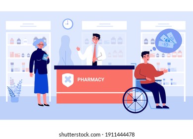 People in drug store being surprised about prices. Cash, wheelchair, grandmother flat vector illustration. Pharmacy and medicine concept for banner, website design or landing web page