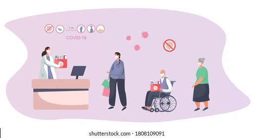 People in Drugstore Keeping Social Distancing two Metres and Coronavirus covid-19 Prevention in Shop.Characters in Medical Mask Buying Medicines.Protect yourself.Flat Vector Illustration