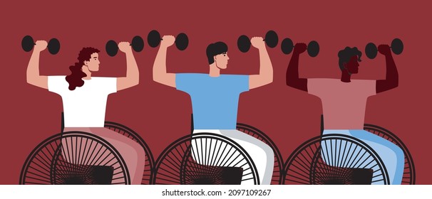 People with dumbbells, inclusive sports. Flat vector stock illustration. Disabled athletes in a wheelchair together. A group of people with disabilities. Activity and sports. Dumbbell exercise