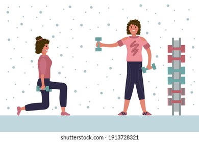People with dumbbells. Women in the Fitness gym. Exercise machines in the gym, Training people with Dumbbells, Strong, Athletic, Weight, Strength, Activity, Muscle. Vector illustration