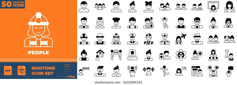 Ícones editáveis duotônicos de pessoas definidos. Ilustração vetorial em estilo duotônico fino moderno de ícones de pessoas: família, humano, equipe, etc