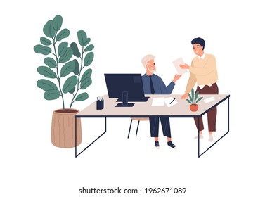 People during business communication in modern office. Colleagues working together with documents. Boss and employee at workplace. Colored flat vector illustration isolated on white background