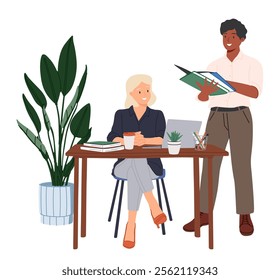 People during business communication in modern office. Colleagues working together with documents. Boss and employee at workplace. Colored flat vector illustration isolated on white background