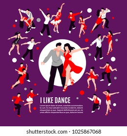 People during dance with partner salsa, rumba, samba, composition on purple background isometric vector illustration 