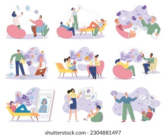 People during mental therapy sessions with psychotherapists or psychologists practicing different psychotherapy approaches. Psychotherapist has Individual session patient and sees positive results