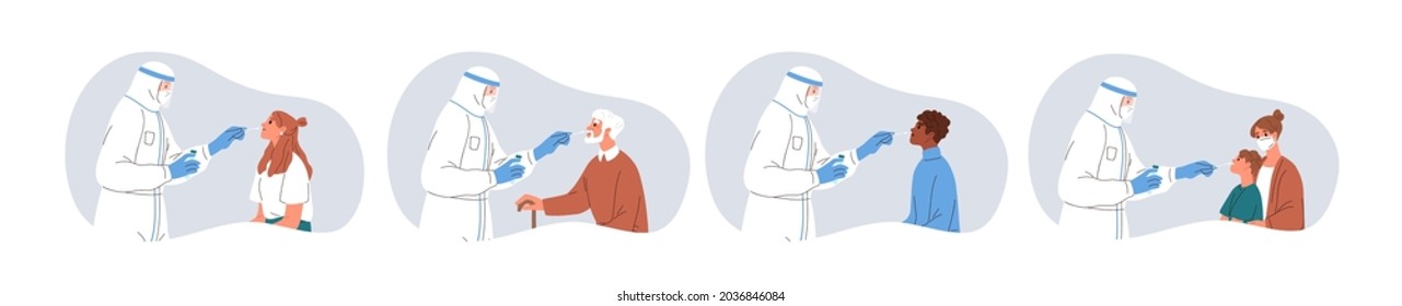 People During Nasal Swab For COVID PCR Test. Doctor Checking Patients For Corona Virus. Nurse Take Lab Samples From Nose For Coronavirus Analysis. Flat Vector Illustration Isolated On White Background