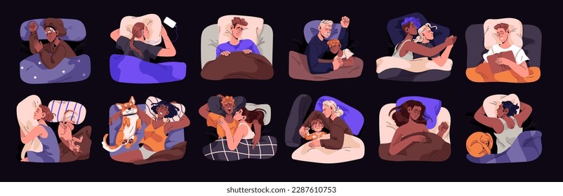 People during night sleep, dream. Sleepy characters asleep, relaxing, slumbering on pillows set. Men, women, couples, pets, kids sleepers resting, portraits. Isolated flat vector illustrations